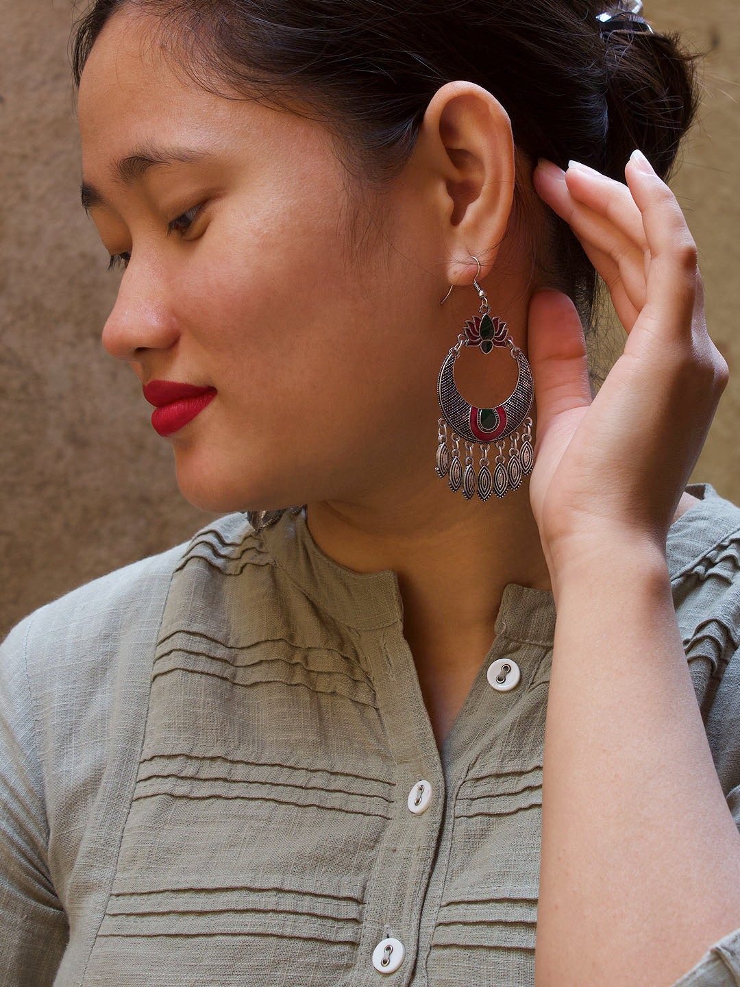 Lotus Design Black and Red Dangler Afghani Earring