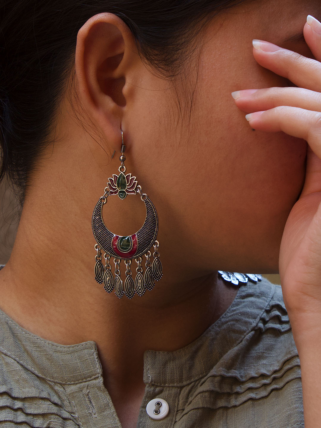 Lotus Design Black and Red Dangler Afghani Earring