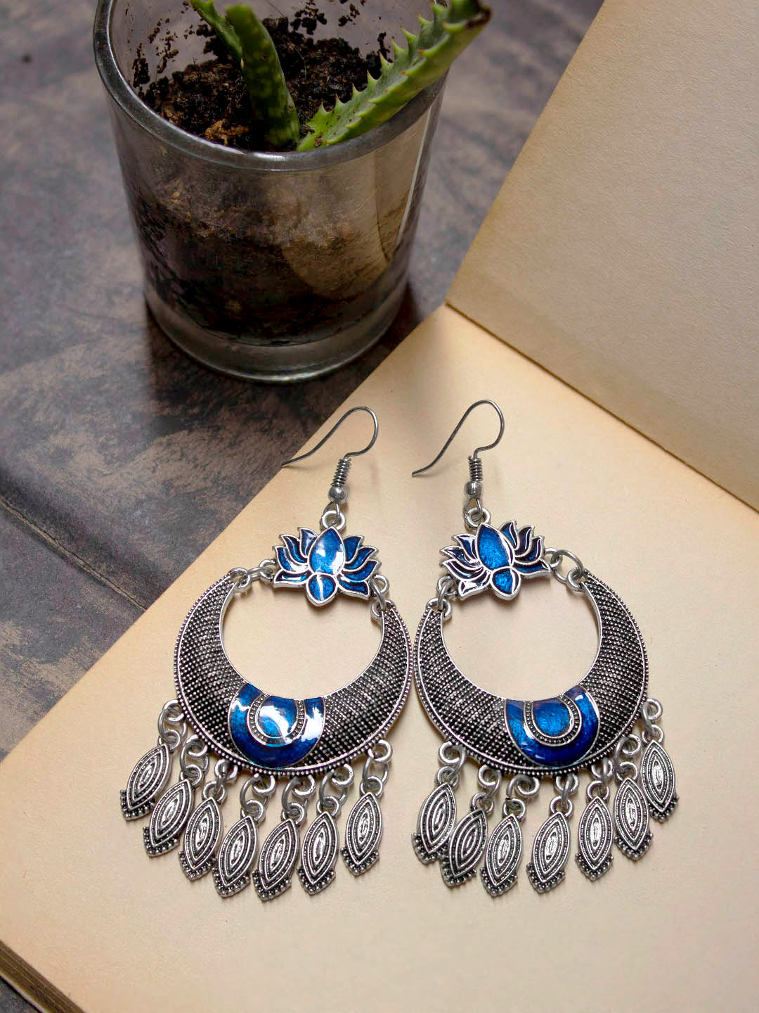 Silver Plated Lotus Design Blue Color Hanging Dangle Earring