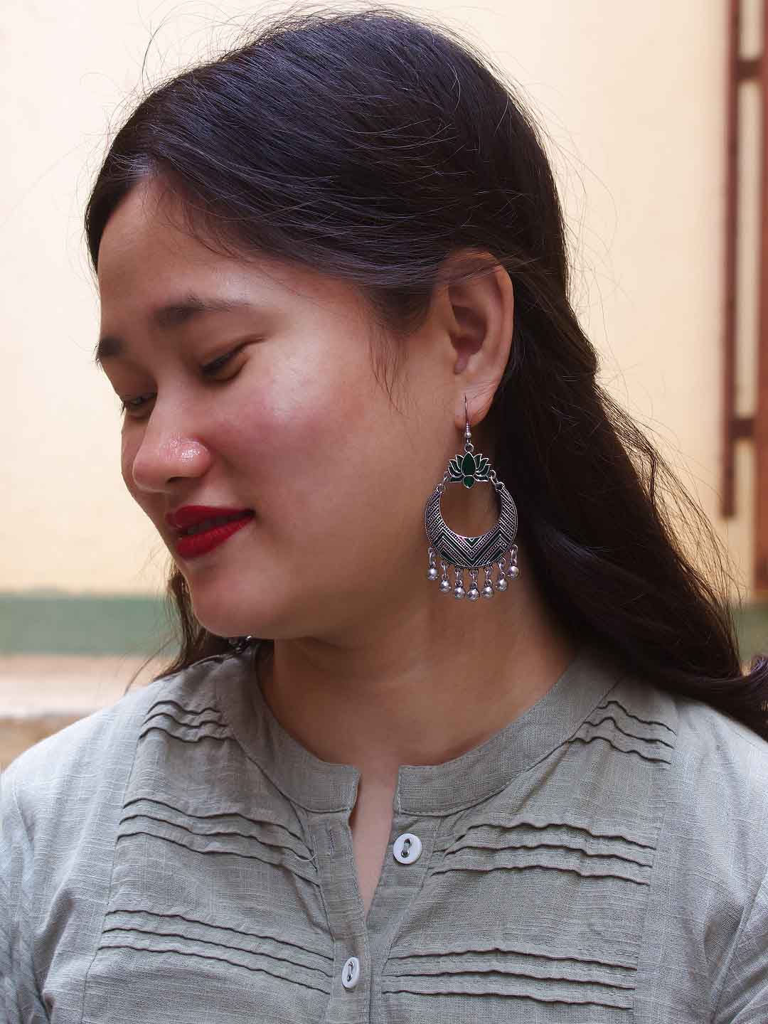 Silver Plated Lotus Design Green Enamel Paint Afghani Earring