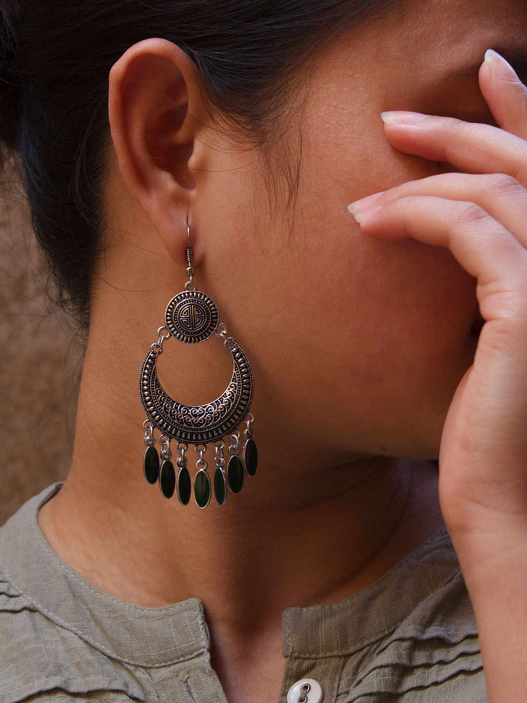 Silver Plated Filigree Design Green Color Enamel Paint Hanging Beads Dangler Earring