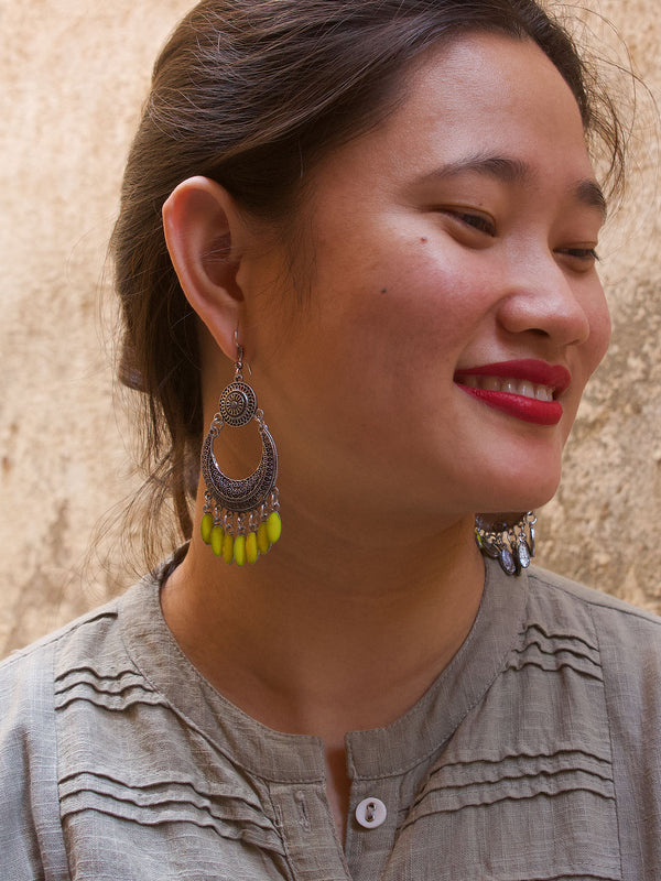 Silver Plated Floral Design Hanging Yellow Color Enamel Painted Silver Beads Dangler Earring