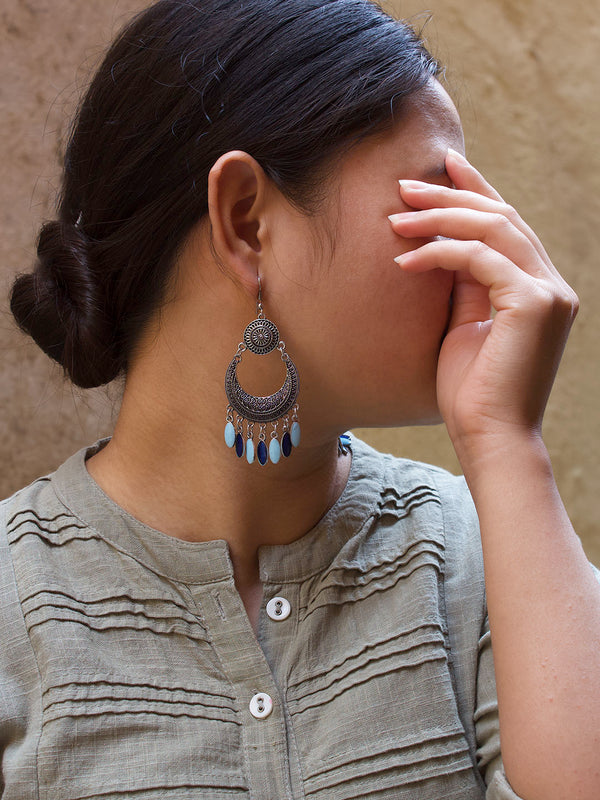 Silver Plated Floral Design Hanging Blue And Sky Blue Color Enamel Painted Silver Beads Dangler Earring