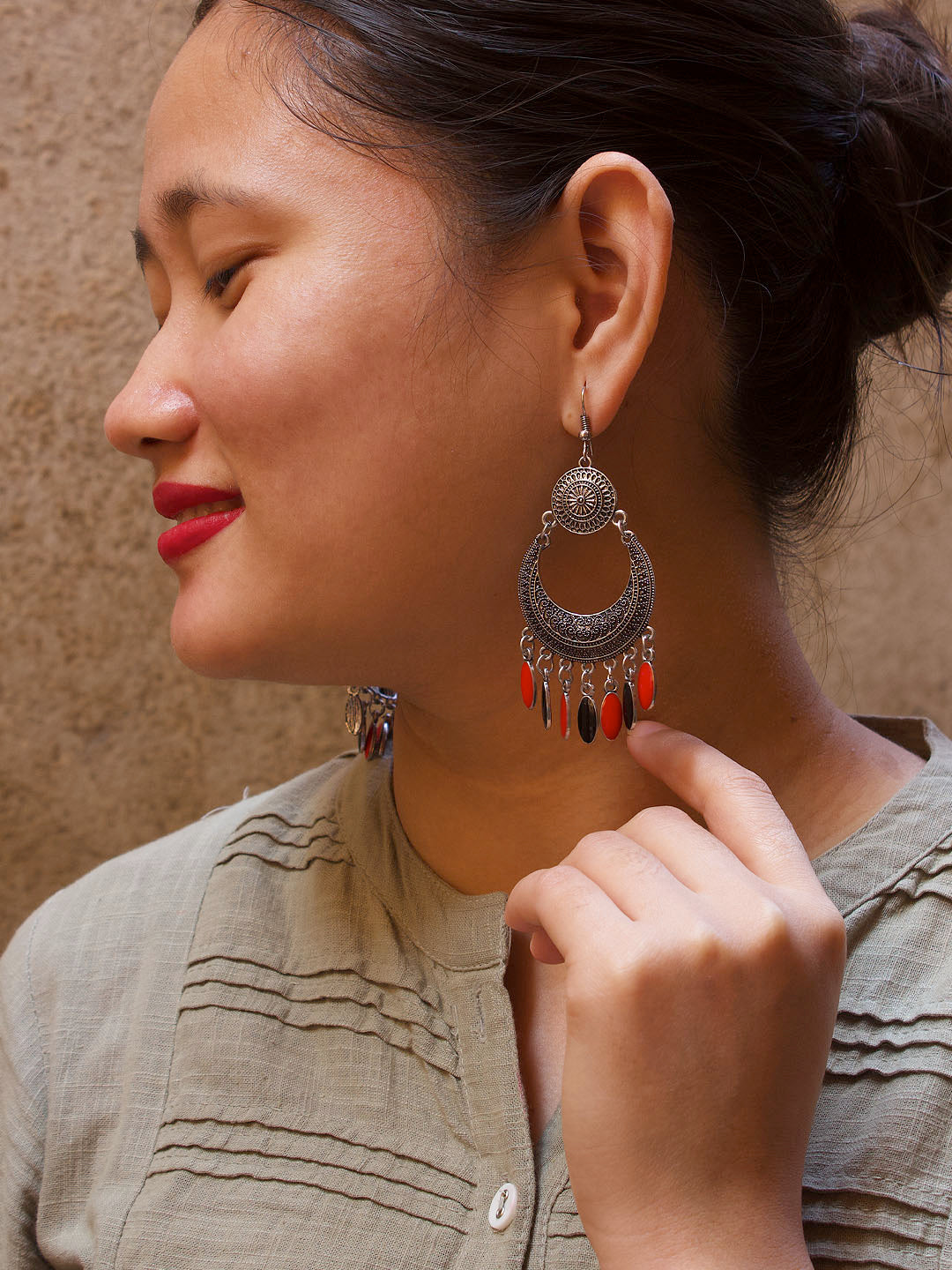 Silver Plated Floral Design Hanging Pink And Green Color Enamel Painted Silver Beads Dangler Earring