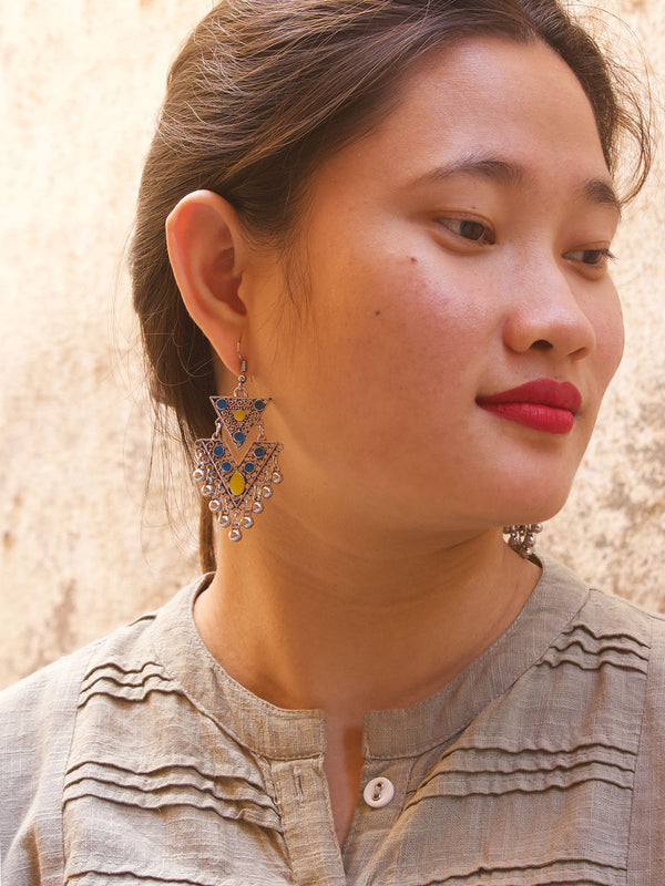 Floral Design Blue and Yellow Dangler Afghani Earring