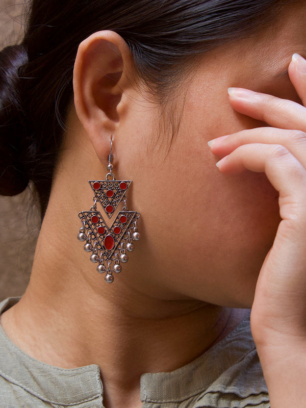 Floral Design Red Dangler Afghani Earring