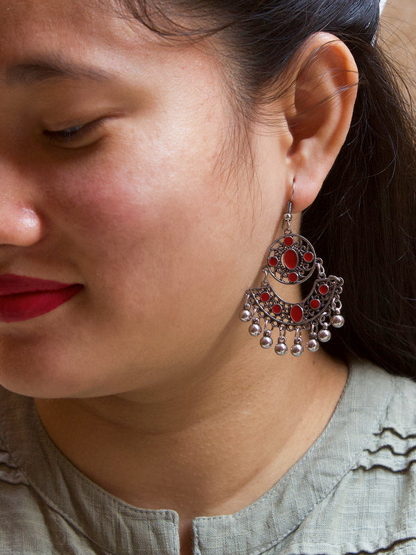 Floral Design Red Dangler Afghani Earring