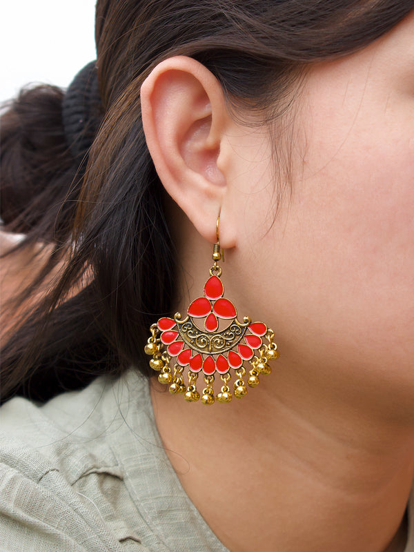 Gold Plating Red And Gold Color Floral Design Afghani Earring