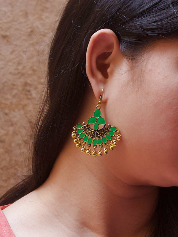 Gold Plating Green And Gold Color Floral Design Afghani Earring