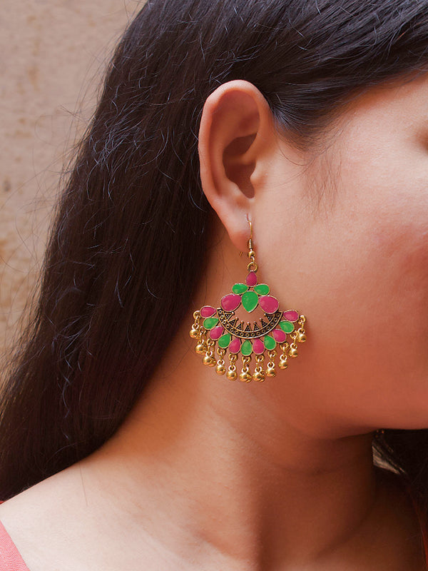 Gold Plating Pink And Green Color Floral Design Afghani Earring