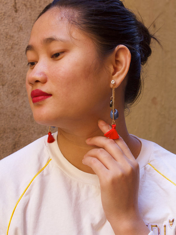 Gold Plated White Stud Tassel Design With Hanging Brown And Blue Color Beads Drop Earring