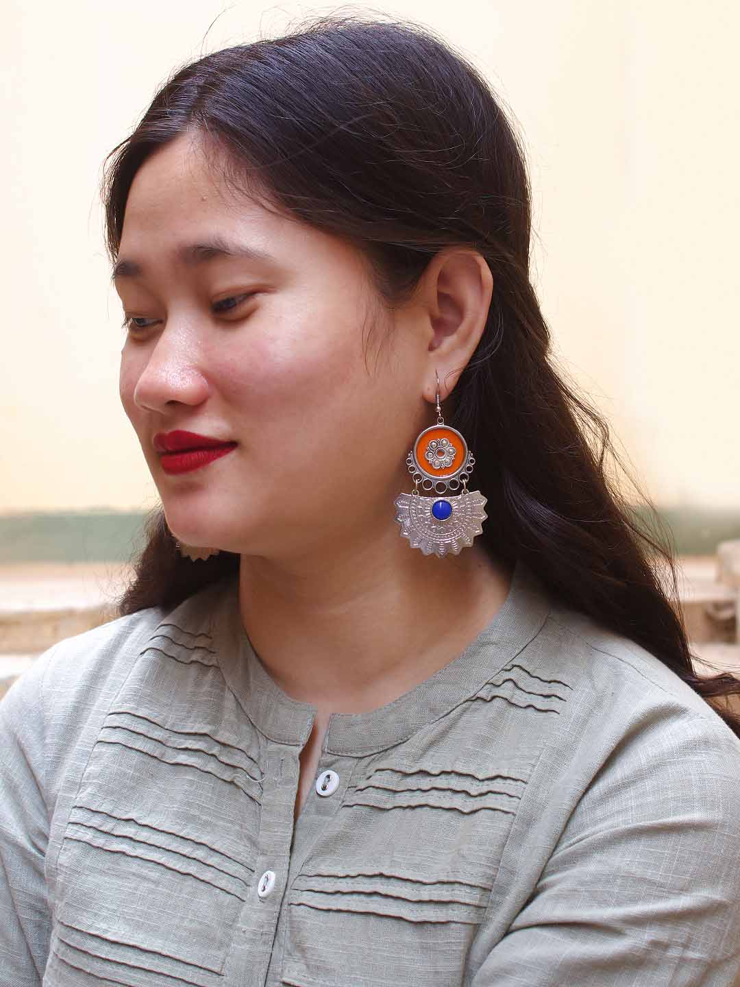 Geometric Design Orange and Blue Drop Afghani Earring