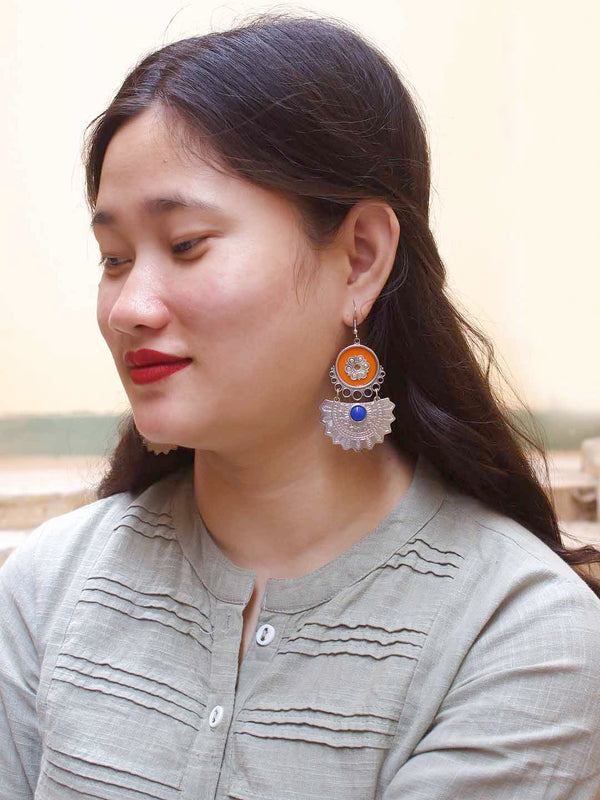 Geometric Design Orange and Blue Drop Afghani Earring