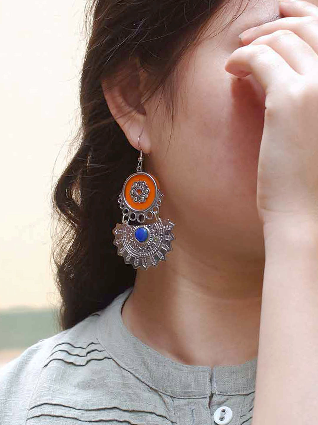 Geometric Design Orange and Blue Drop Afghani Earring