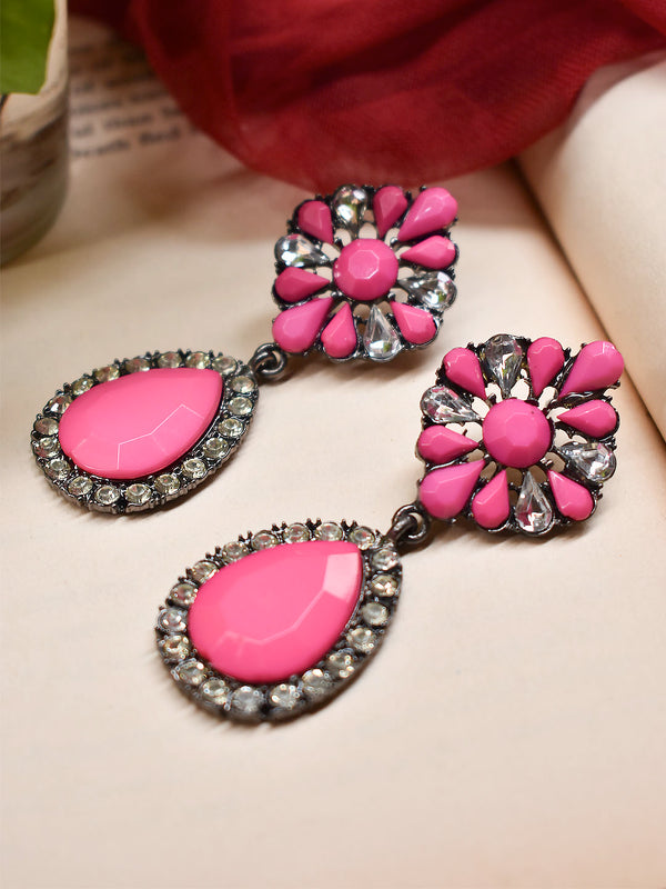 Silver Plated Tear Drop Design Pink Color Stone Drop Earring