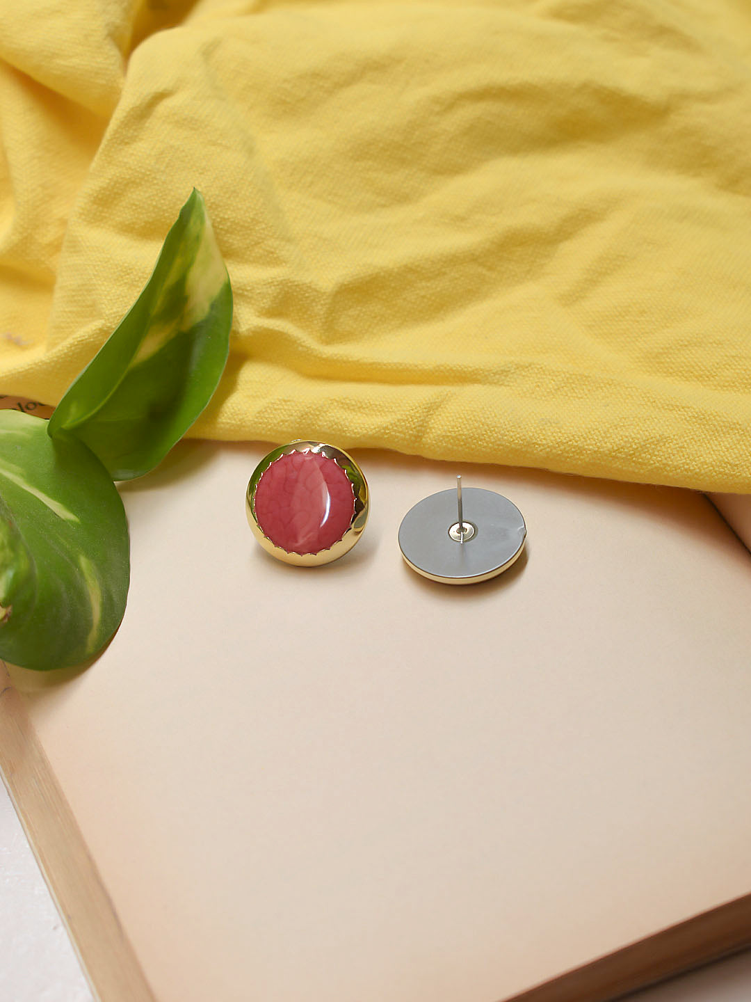 Gold Plated Circular Shape Red Color Stud Earring