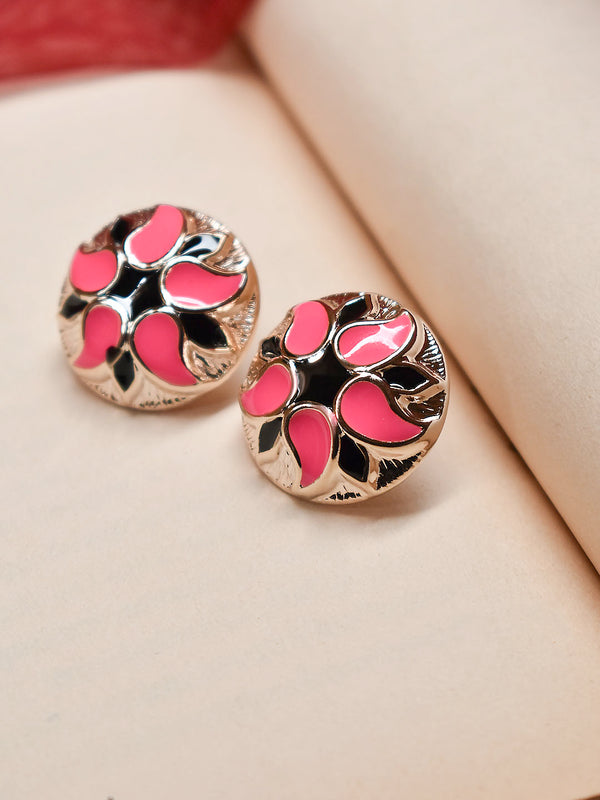 Gold Plated Circular Shape Mango Design Pink And Black Color Enamel Painted Stud Earring