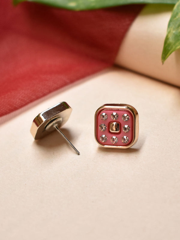 Silver Plated Square Shape Pink Color Enamel Painted Stud Earrings