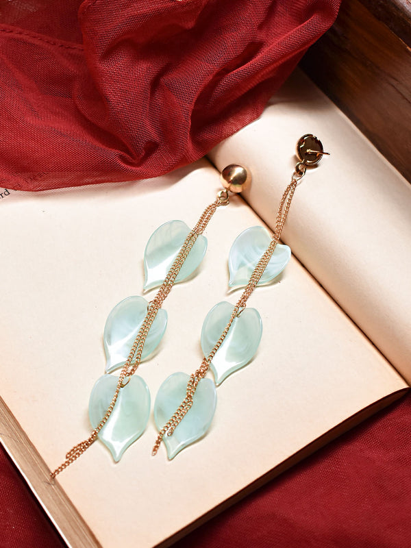 Gold Plated Blue Color Plastic Leaf Design Three Layered Dangler Earring