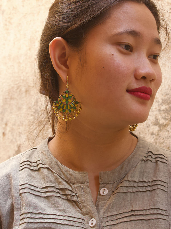 Gold Plated Half Moon Design Yellow And Green Color Enamel Paint With Hanging Ghungroos Dangler Earring