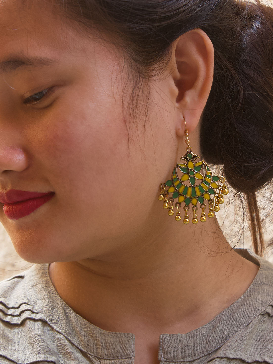 Gold Plated Half Moon Design Yellow And Green Color Enamel Paint With Hanging Ghungroos Dangler Earring