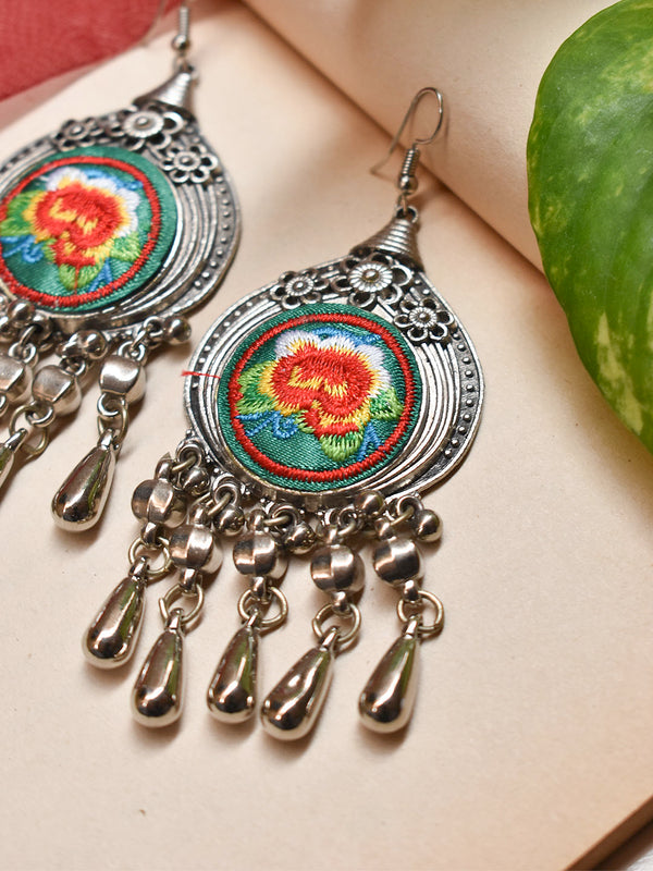 Silver Plated Circular Shape Floral Design Multicolor Fabric With Hanging Spikes Dangler Earring