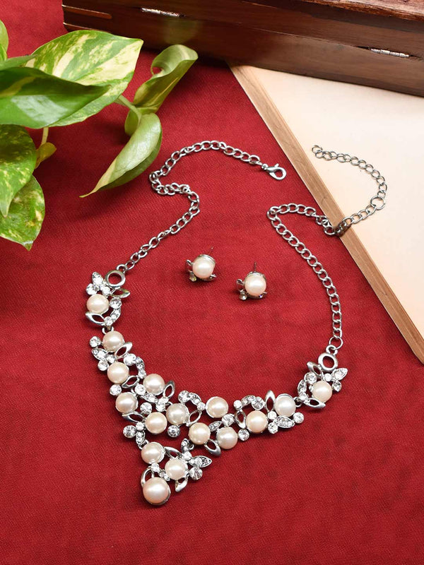 Silver Plated Tear Drop Shape And Circular Shape Ad Stones And Pearls Choker Necklace Set