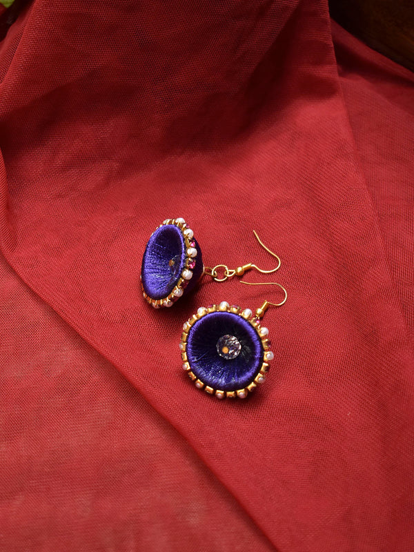 Gold Plated Blue Color Thread With Studded Pink And White Color Stones Jhumka Earring