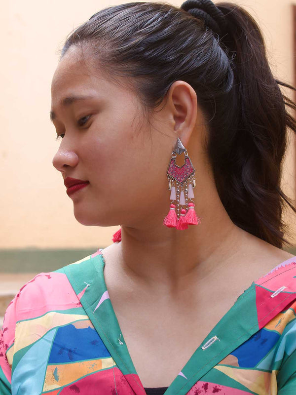 Pink Color Tassel With Enamel Paint Earring