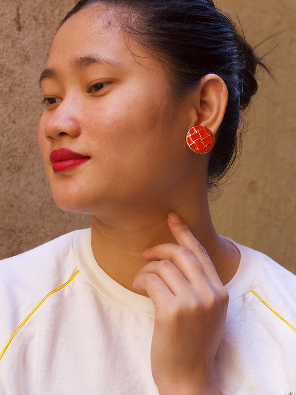 Gold Plated Circular Design Red Color Enamel Painted Stud Earring