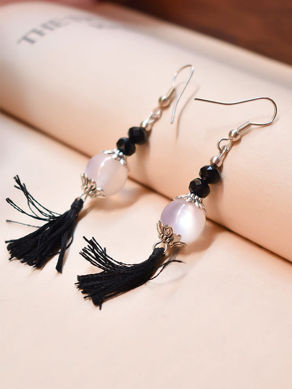 Silver Plated Tassel Design Black And White Color Agate Beads Drop Earring