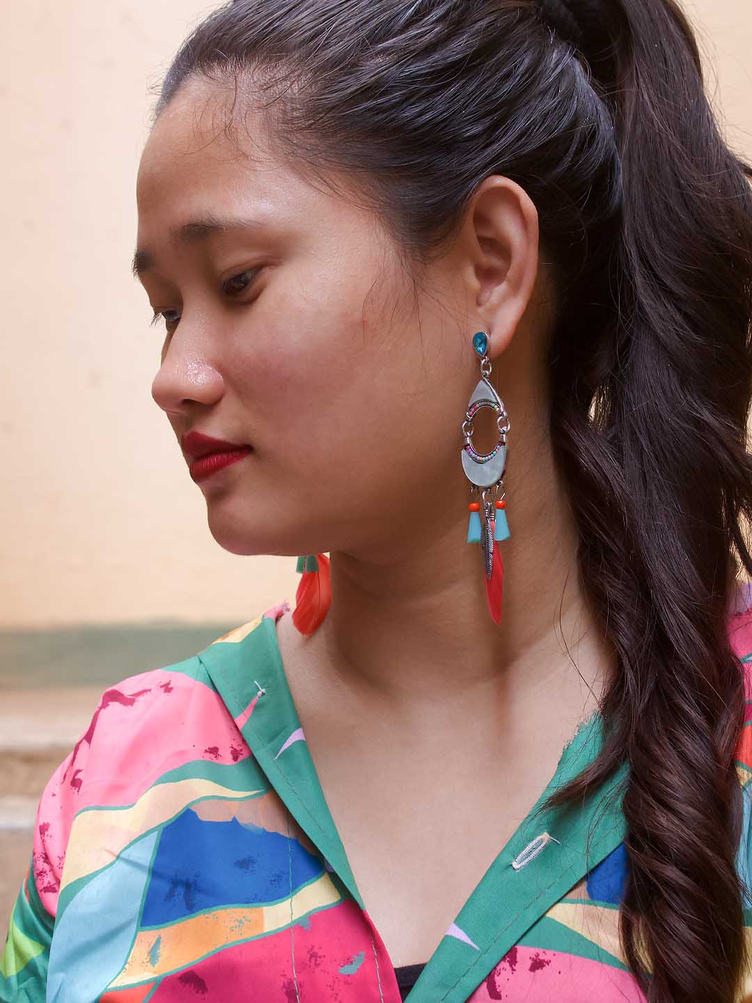 Crescent Moon Design Blue and Red Drop Earring