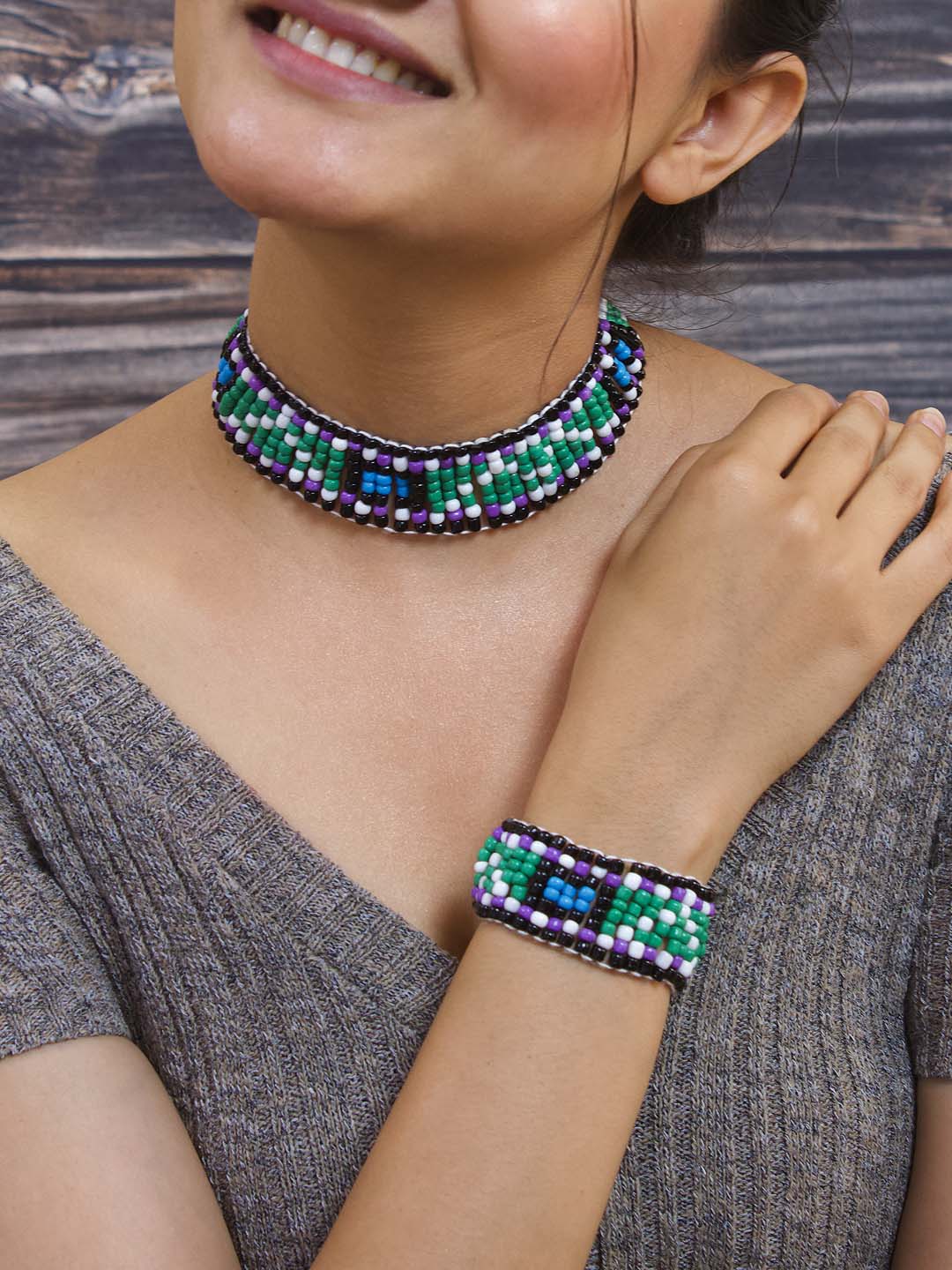 Glass Seed Beads Multicolor Gold Plated Boho Tribal Necklace And Bracelet