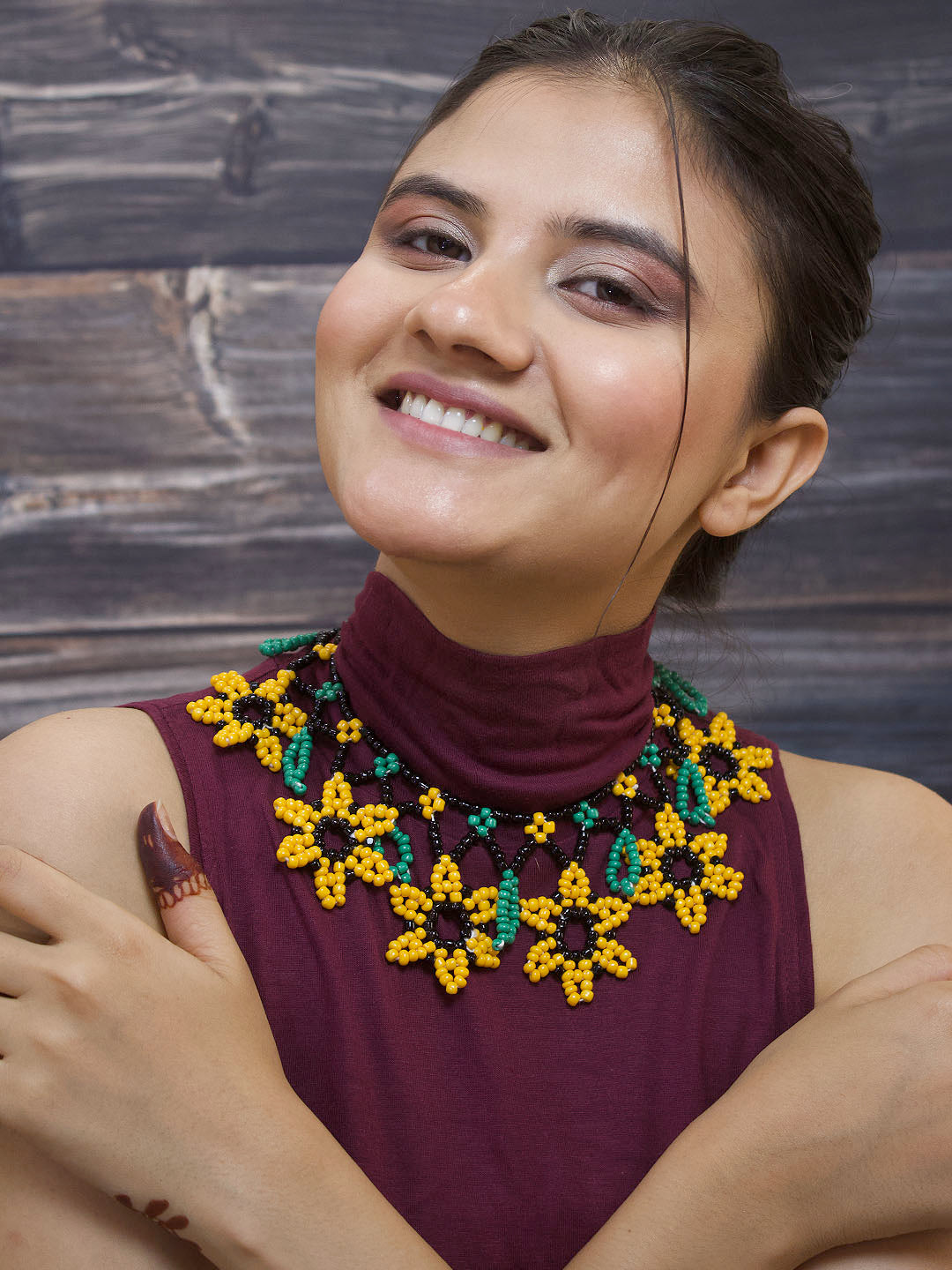 Seed Beads Yellow And Blue Color Floral Design Statement Jewelry Set