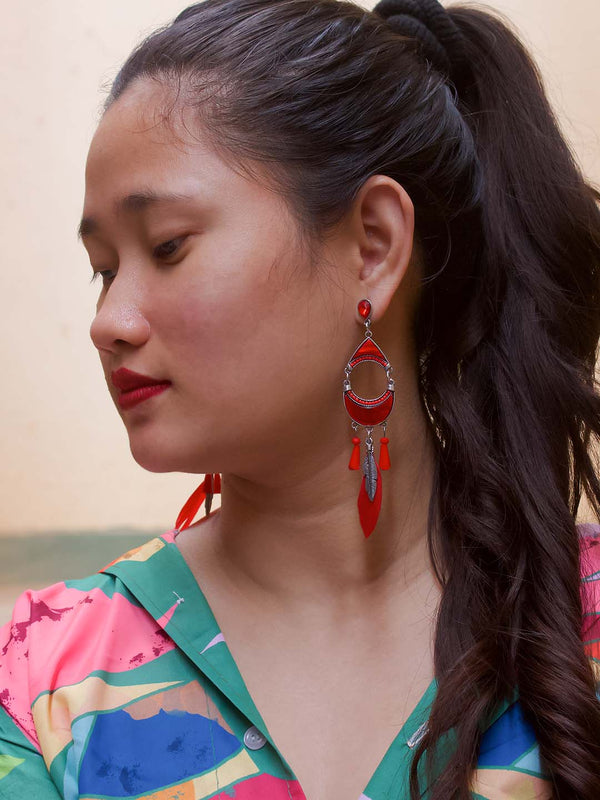 Crescent Moon Design Red Drop Earring