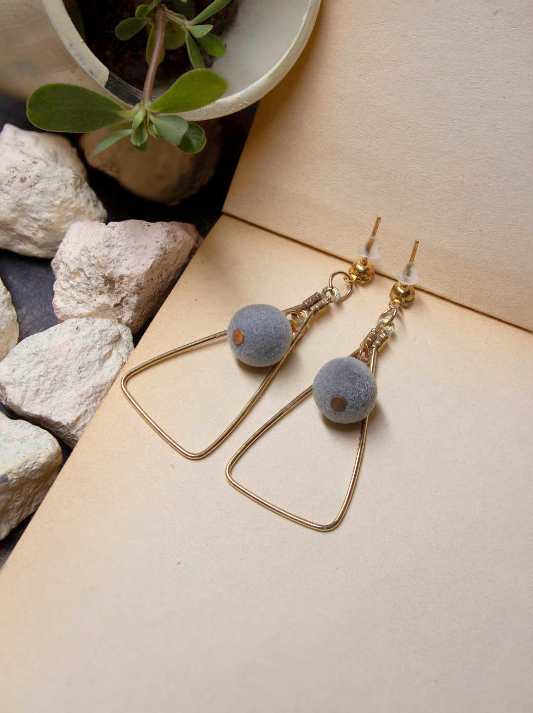 Gold Plated Triangle Design Gray Color Sponge Bead Dangler Earring
