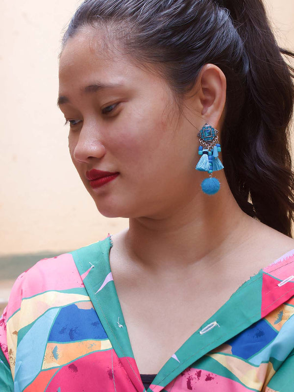 Blue Color Tassel With Pom Pom Hanging Earring