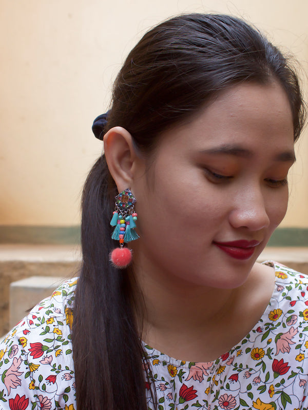 Multicolor Color Tassel With Pom Pom Hanging Earring