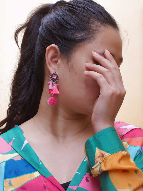 Pink Color Tassel With Pom Pom Hanging Earring