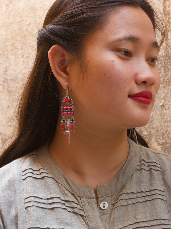 Red And Pink Color With Enamel Paint Dangler Earring