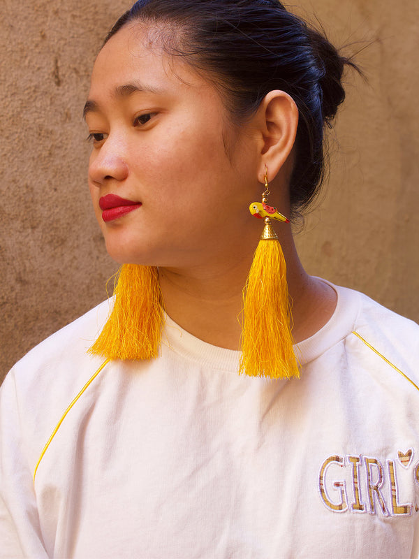 Gold Plated Parrot Design Studs With Yellow Color Hanging Tassels Dangler Earring