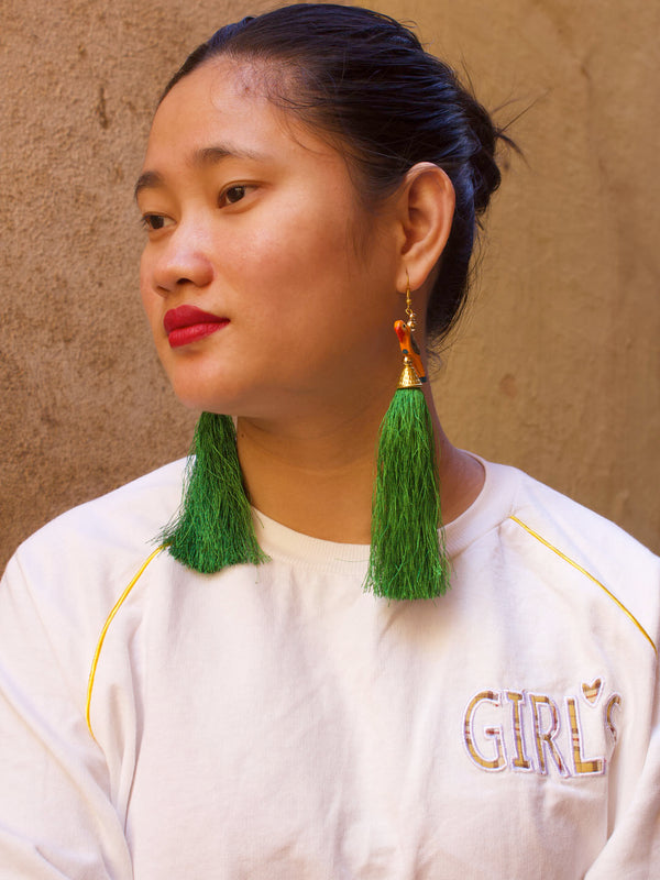 Gold Plated Parrot Design Studs With Green Color Hanging Tassels Dangler Earring