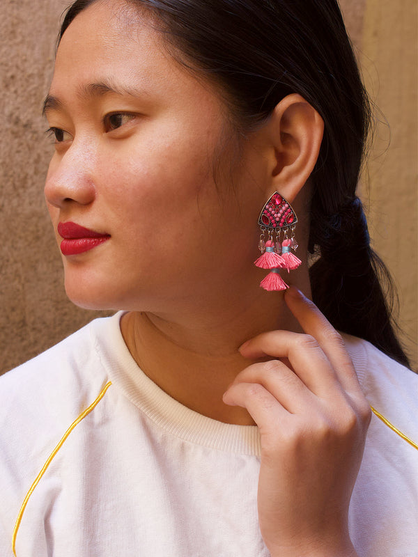 Pink Color Tassel With Enamel Paint Earring