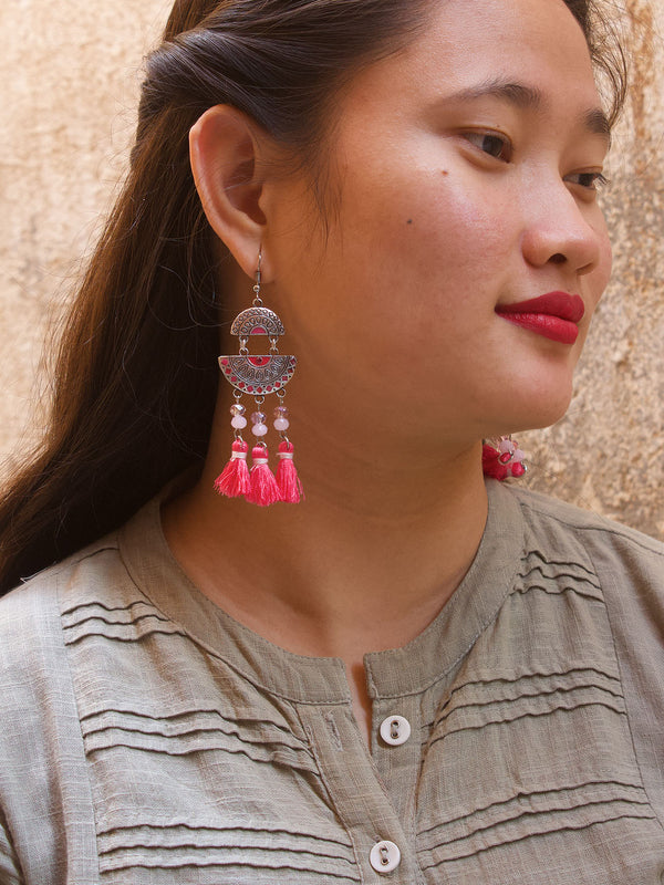 Pink Color Tassel With Enamel Paint Dangler Earring