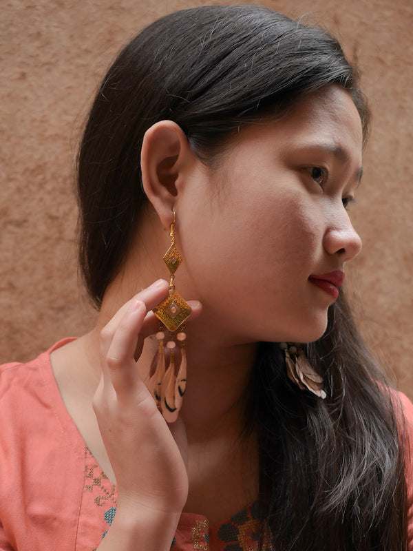 Antique Gold Color With Feather Droppings Dangler Earring