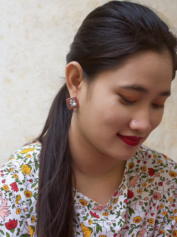 Silver Plated Square Design Red Color Plastic Stone And Pearl Stud Earring