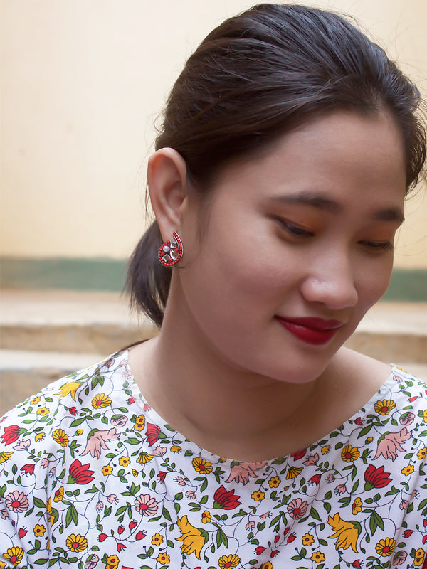 Spiral Design  Red Stud  With Stones Earring