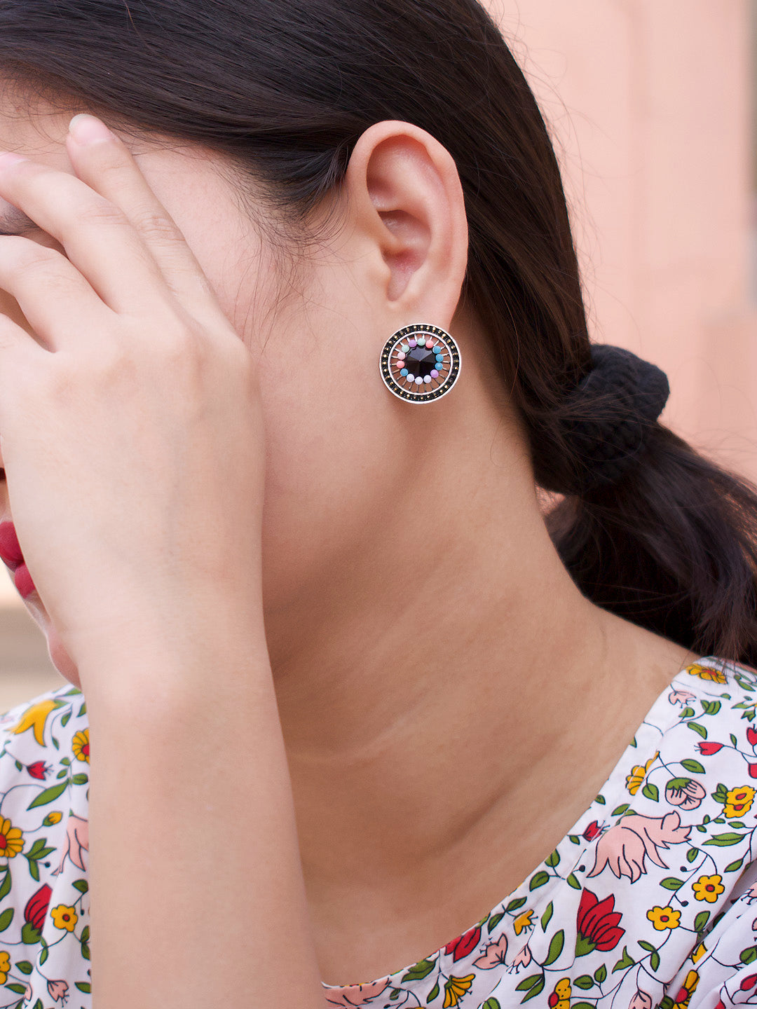 Round Design  Blue Stud  With Stones Earring