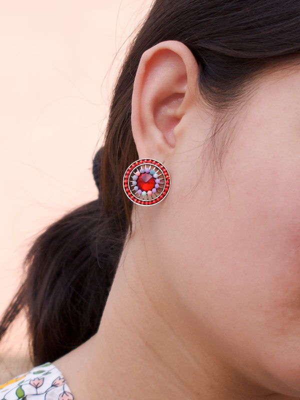 Round Design  Red Stud  With Stones Earring