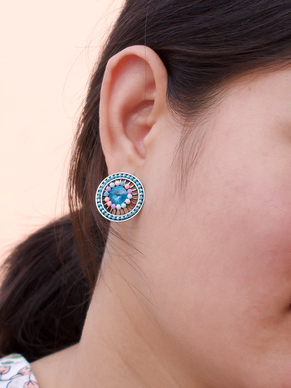 Round Design  Blue Stud  With Stones Earring